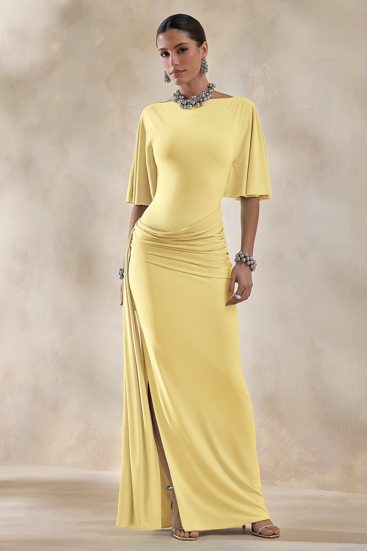 Emerelle | Lemon Jersey Ruched Boat Neck Short Sleeve Maxi Dress With Sash And Split
