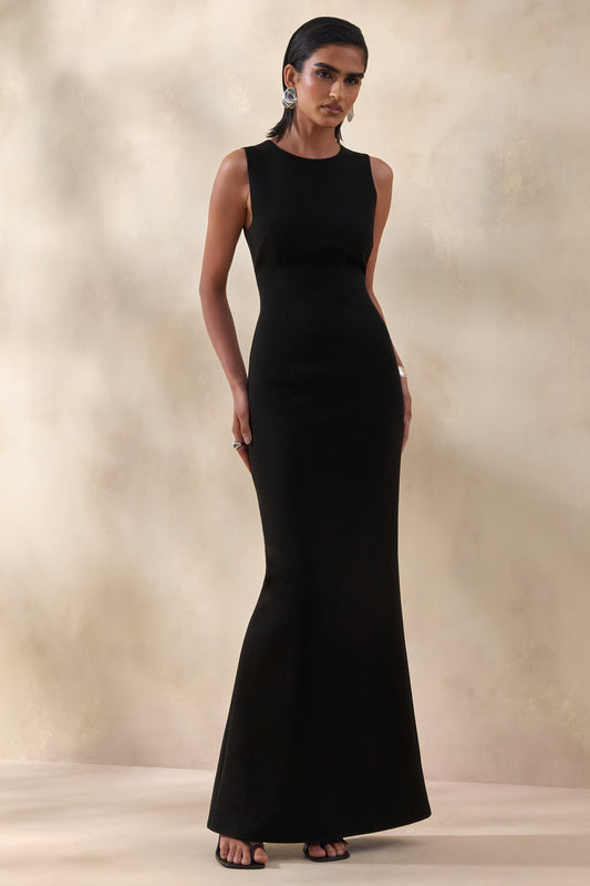 Astrelle | Black Round Neck Maxi Dress With Tailoring And Back Split