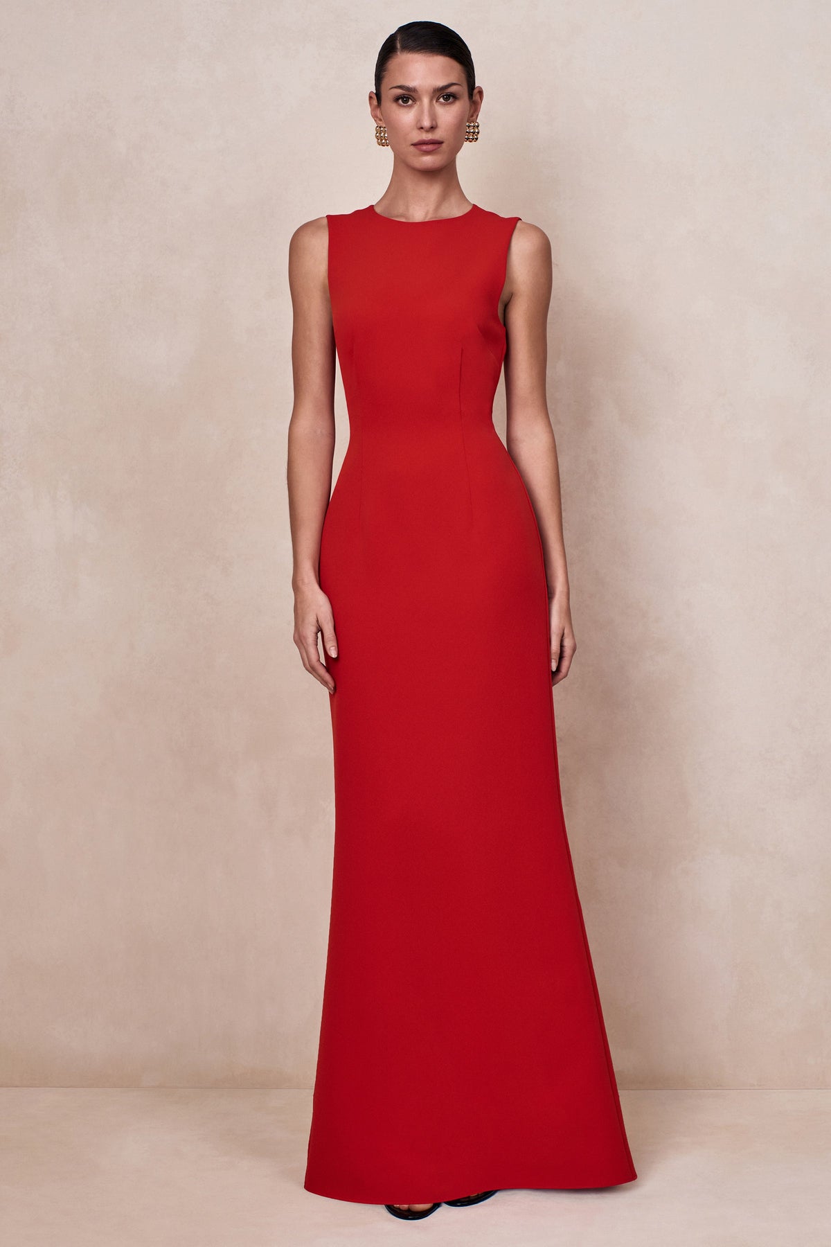 Astrelle | Red Round Neck Maxi Dress With Tailoring And Back Split