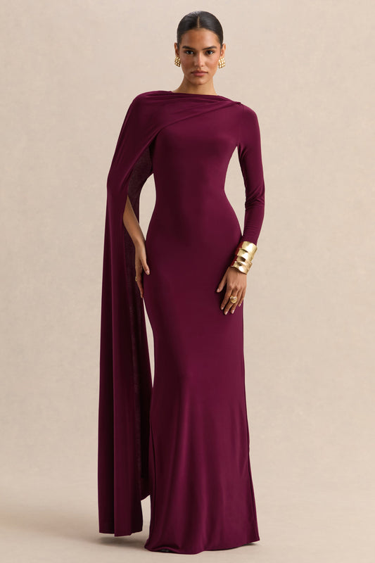 Halina | Burgundy High-Neck Maxi Dress With Cape-Sleeve