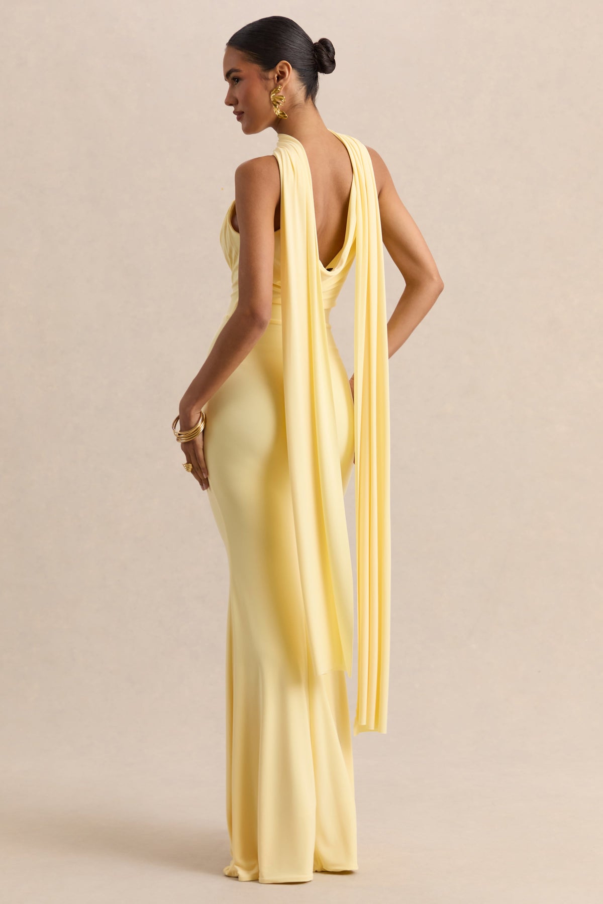 Armelia | Lemon Jersey Cowl Maxi Dress With Scarf Detail