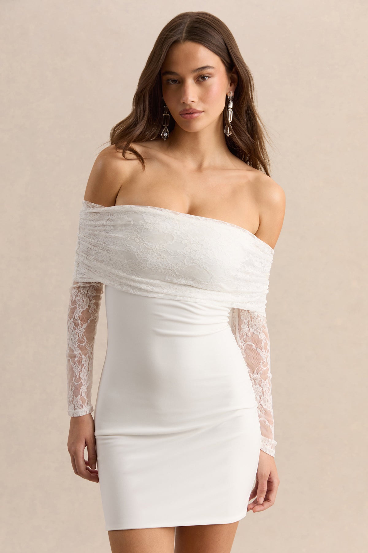 Incantelle | White Jersey Bardot Ruched Mini Dress With Sheer Long Sleeves