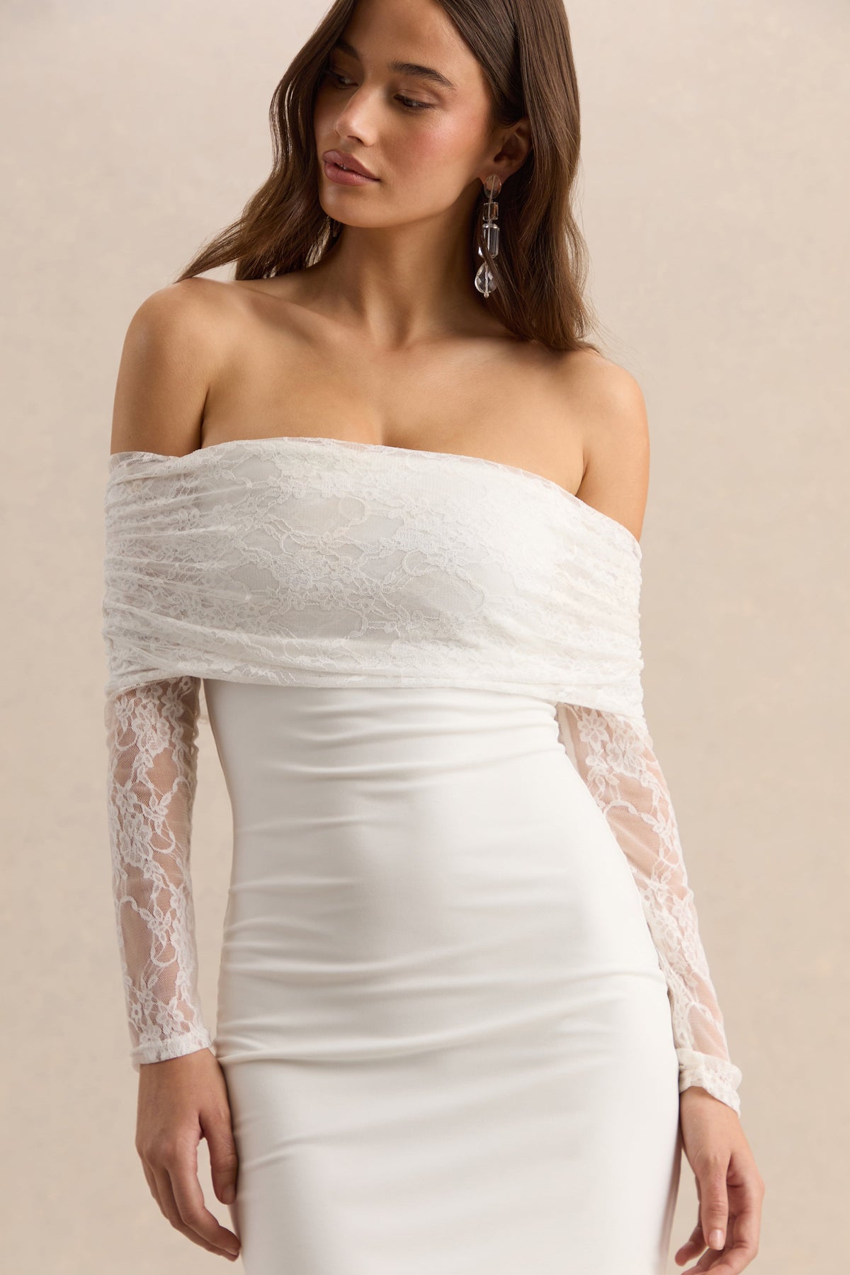 Incantelle | White Jersey Bardot Ruched Mini Dress With Sheer Long Sleeves