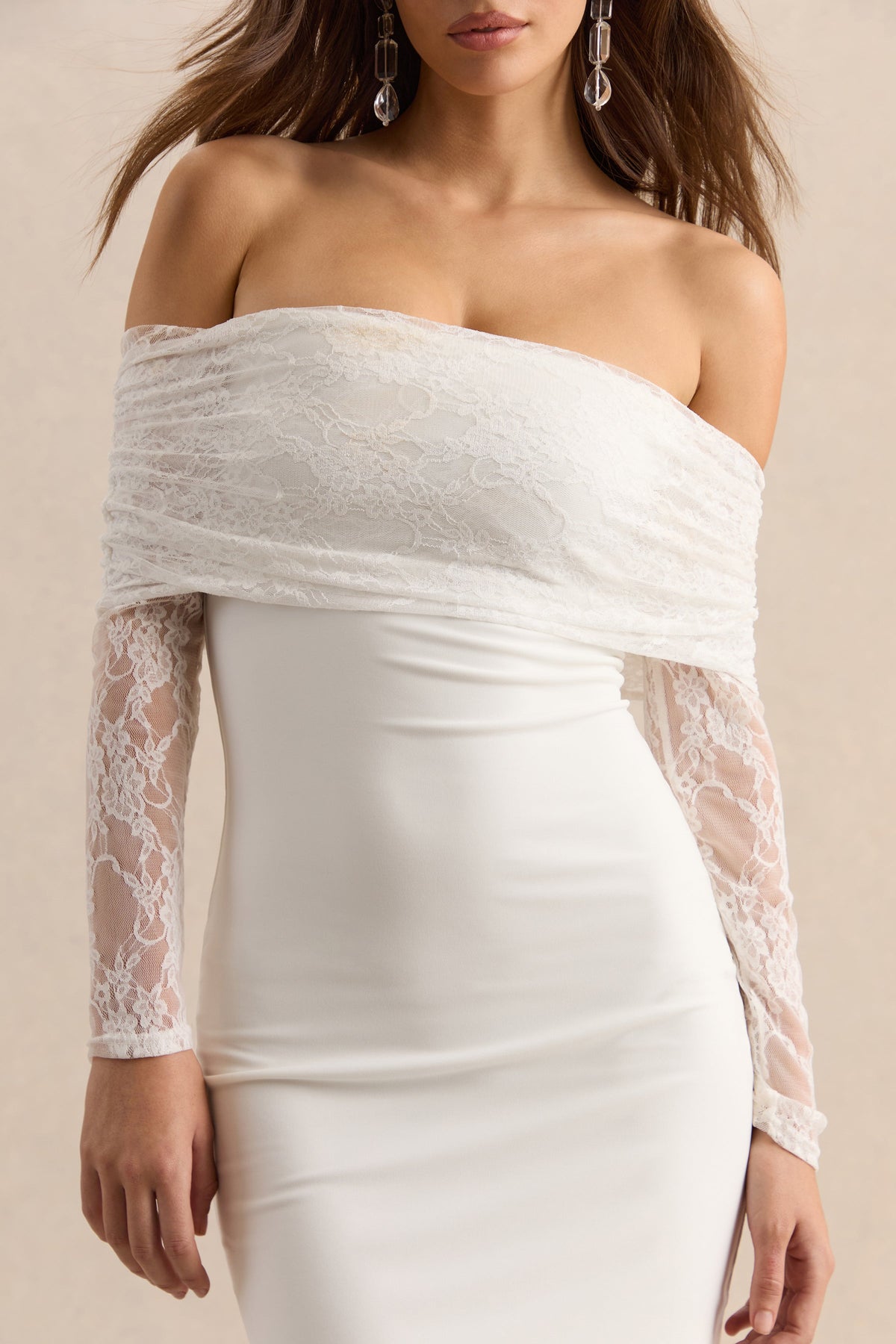 Incantelle | White Jersey Bardot Ruched Mini Dress With Sheer Long Sleeves