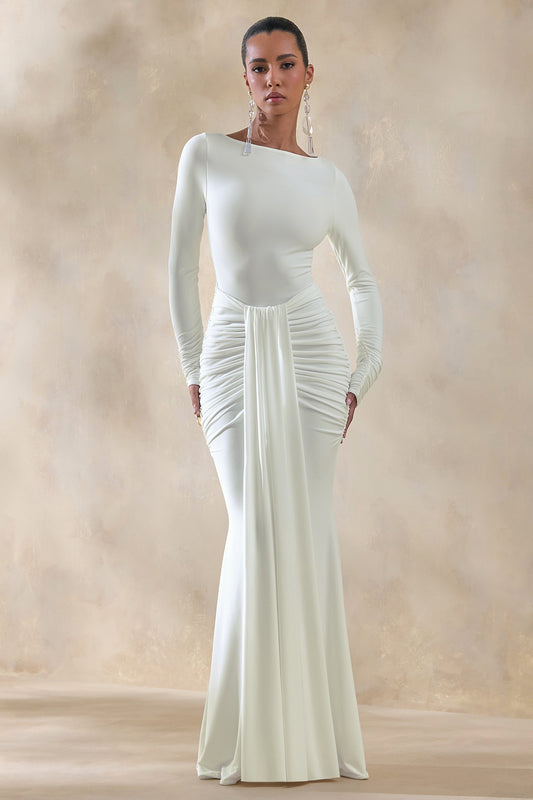 Liatris | White Jersey Boat Neck Long Sleeve Maxi Dress With Gathered Detailing And Sash