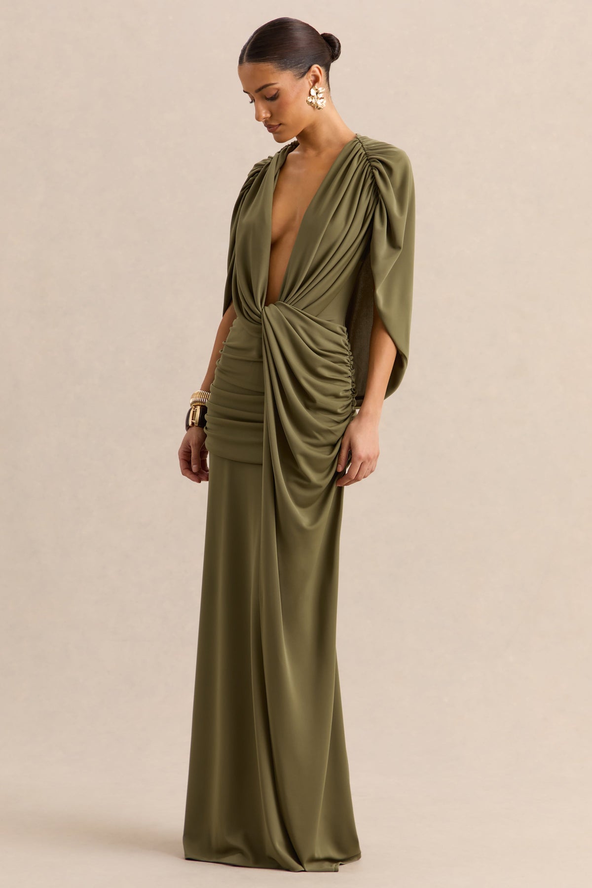 Marisea | Green Plunge-Neck Maxi Dress With Cape-Sleeves