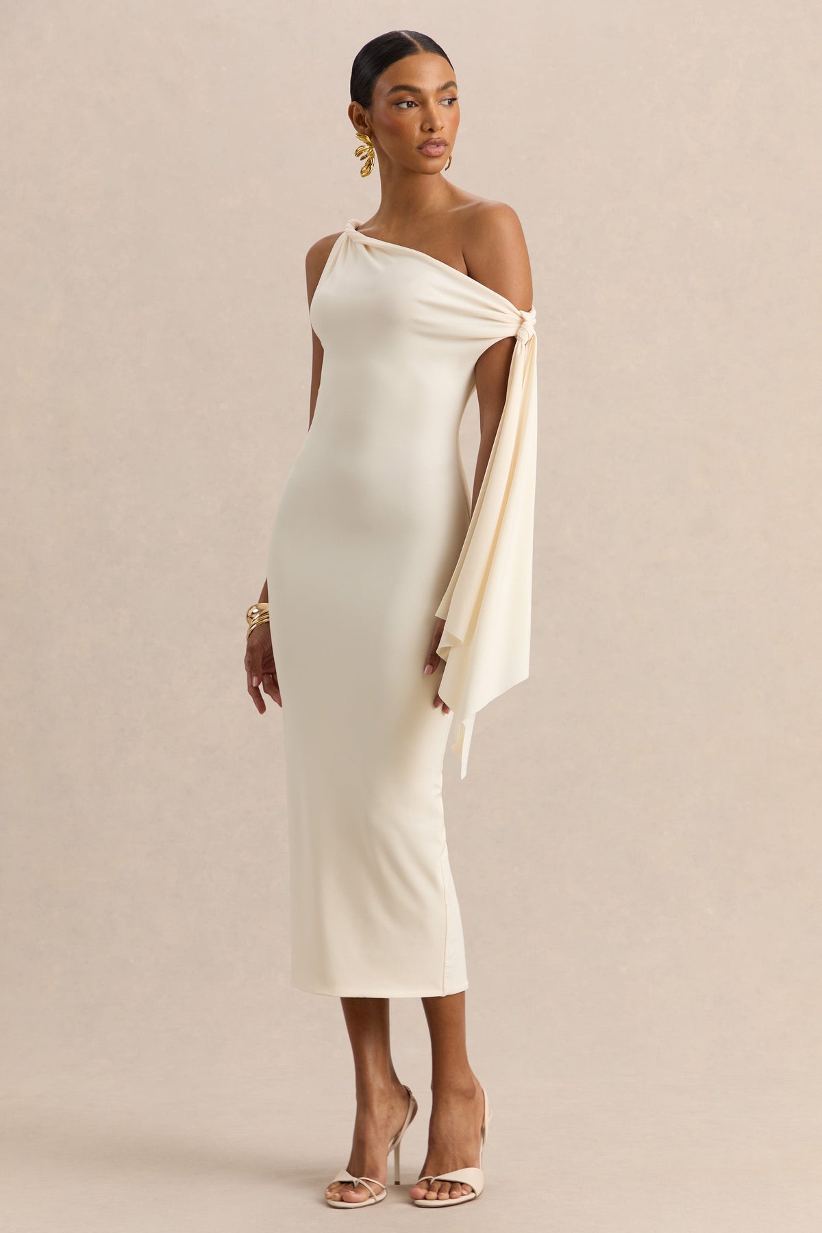 Arcelia | Cream Jersey One Shoulder Midi Dress With Twist And Knot Sash Detailing