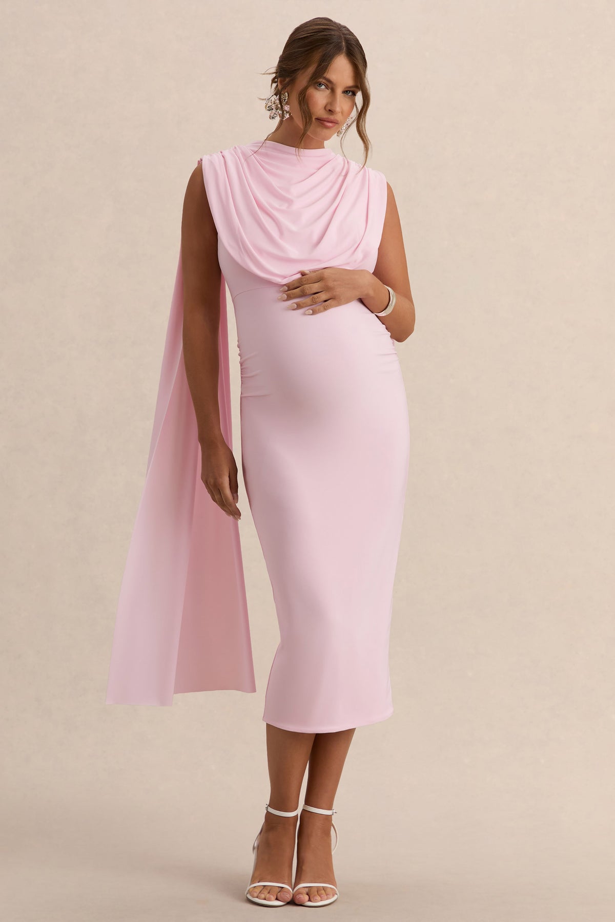 Milaine | Light Pink Round-Neck Maternity Midi Dress With Cape Sleeves