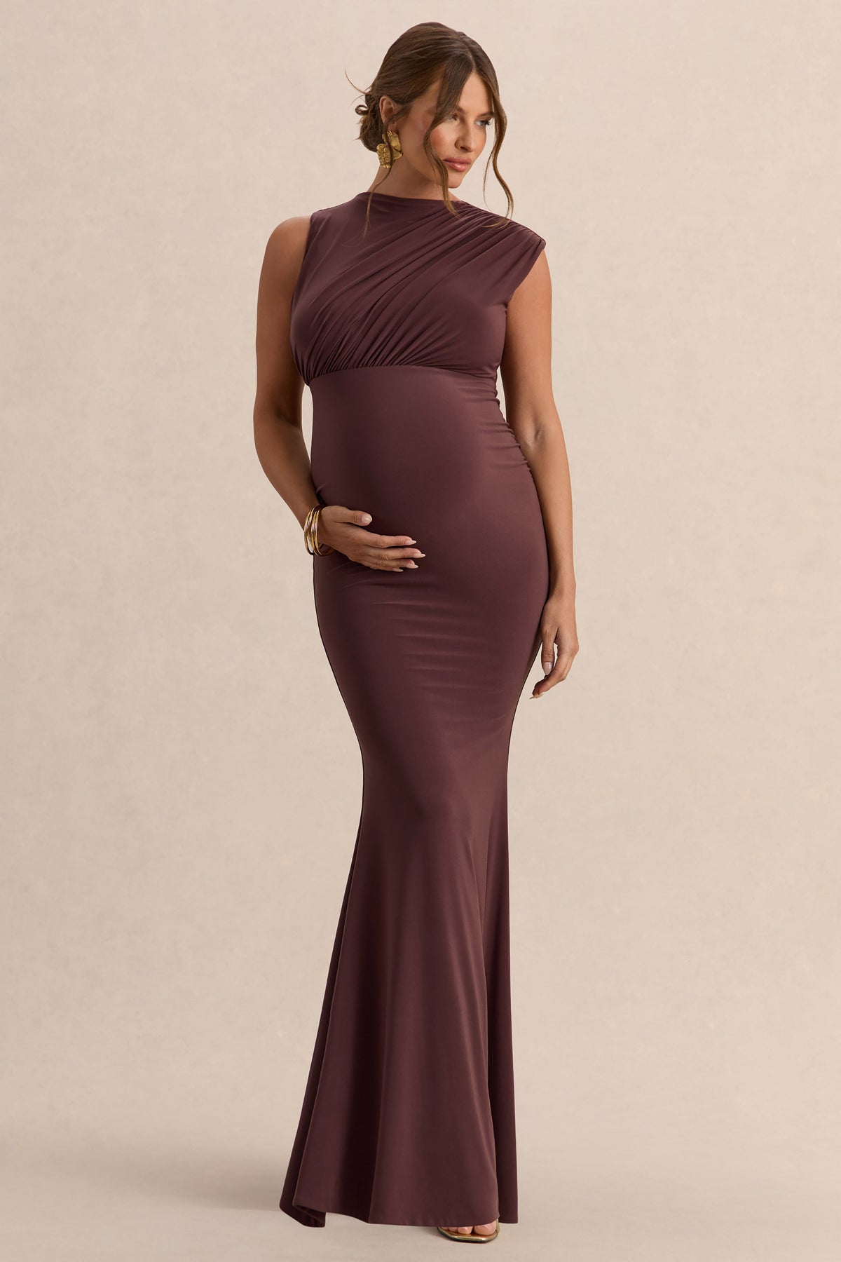 Osanna | Dark Brown Jersey Round Neck Maternity Maxi Dress With Gathered Detailing