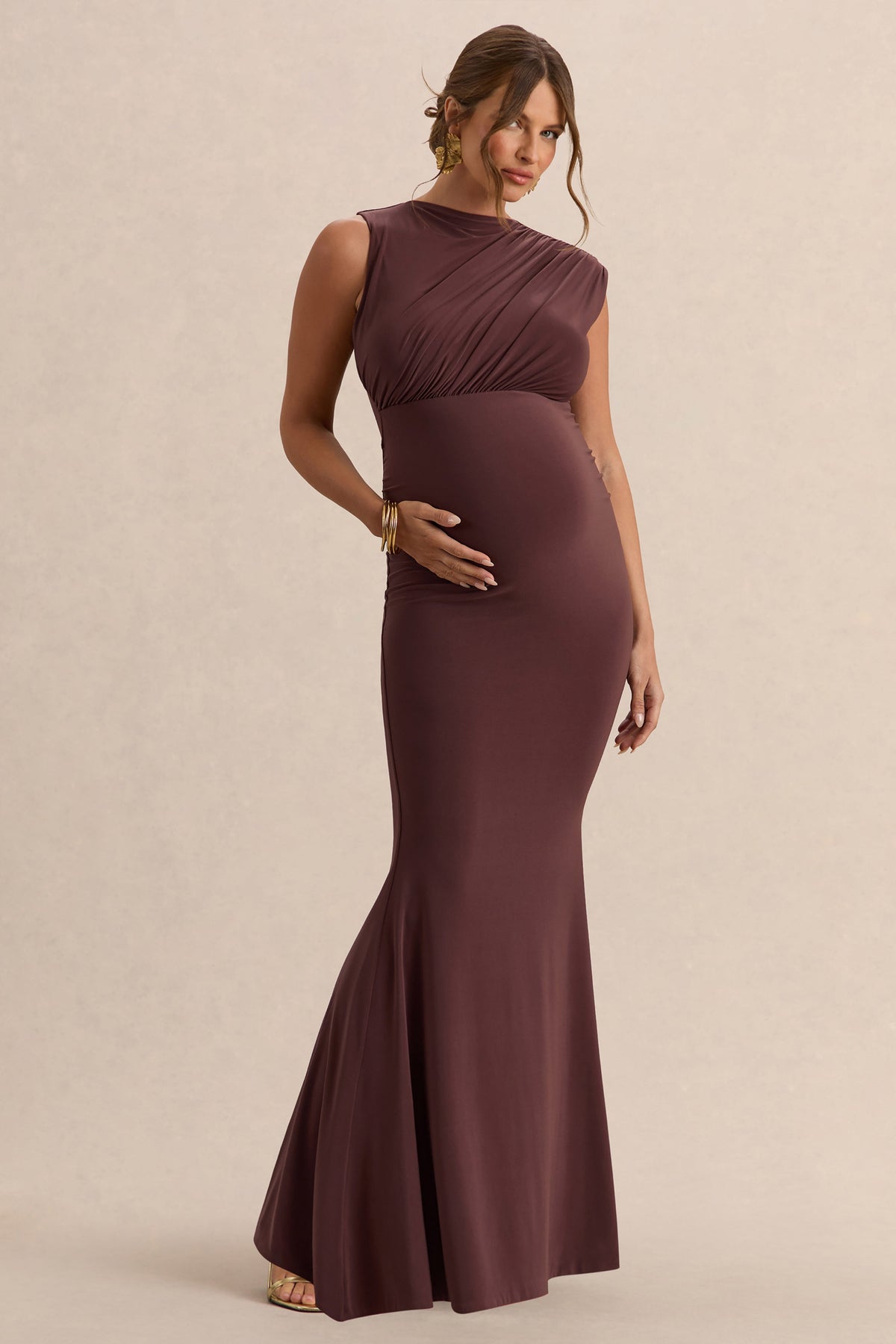 Osanna | Dark Brown Jersey Round Neck Maternity Maxi Dress With Gathered Detailing
