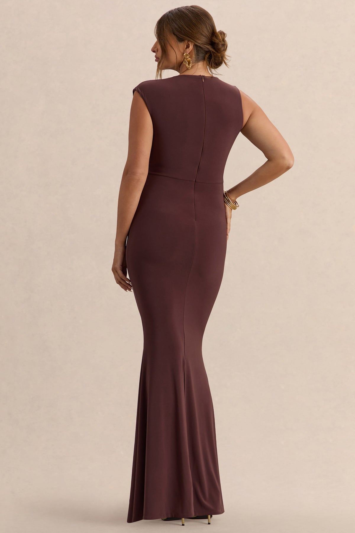 Osanna | Dark Brown Jersey Round Neck Maternity Maxi Dress With Gathered Detailing