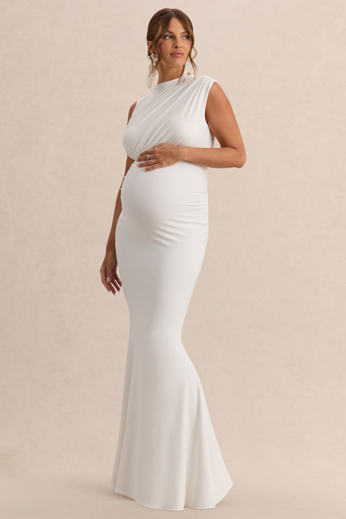 Osanna | White Jersey Round Neck Maternity Maxi Dress With Gathered Detailing