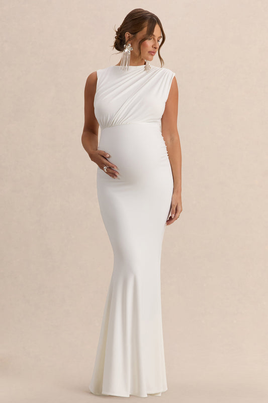 Osanna | White Jersey Round Neck Maternity Maxi Dress With Gathered Detailing