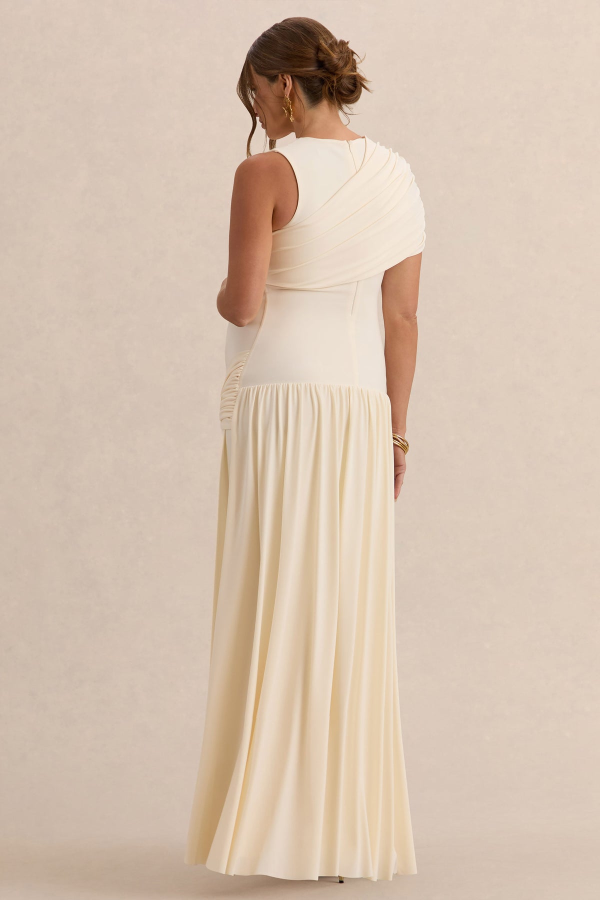 Naida | Cream Round-Neck Maternity Maxi Dress With Draped Detailing