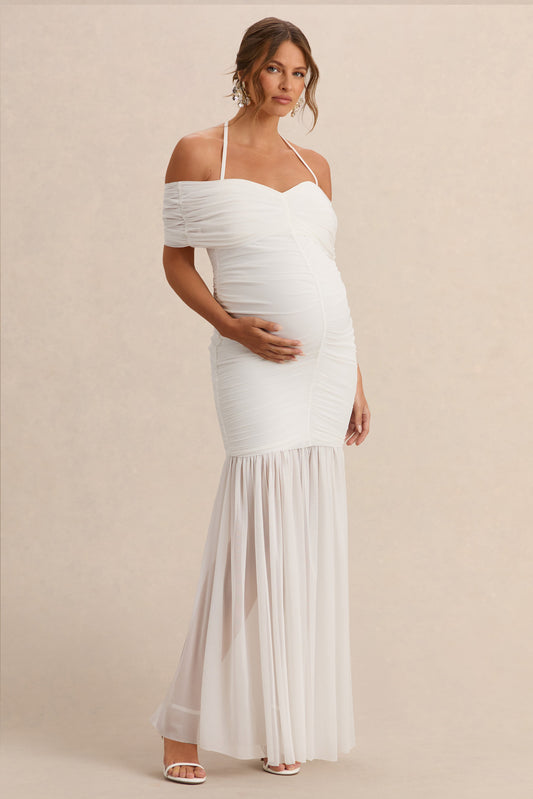 Asimina | White Bardot-Neck Maternity Maxi Dress With Sheer Skirt
