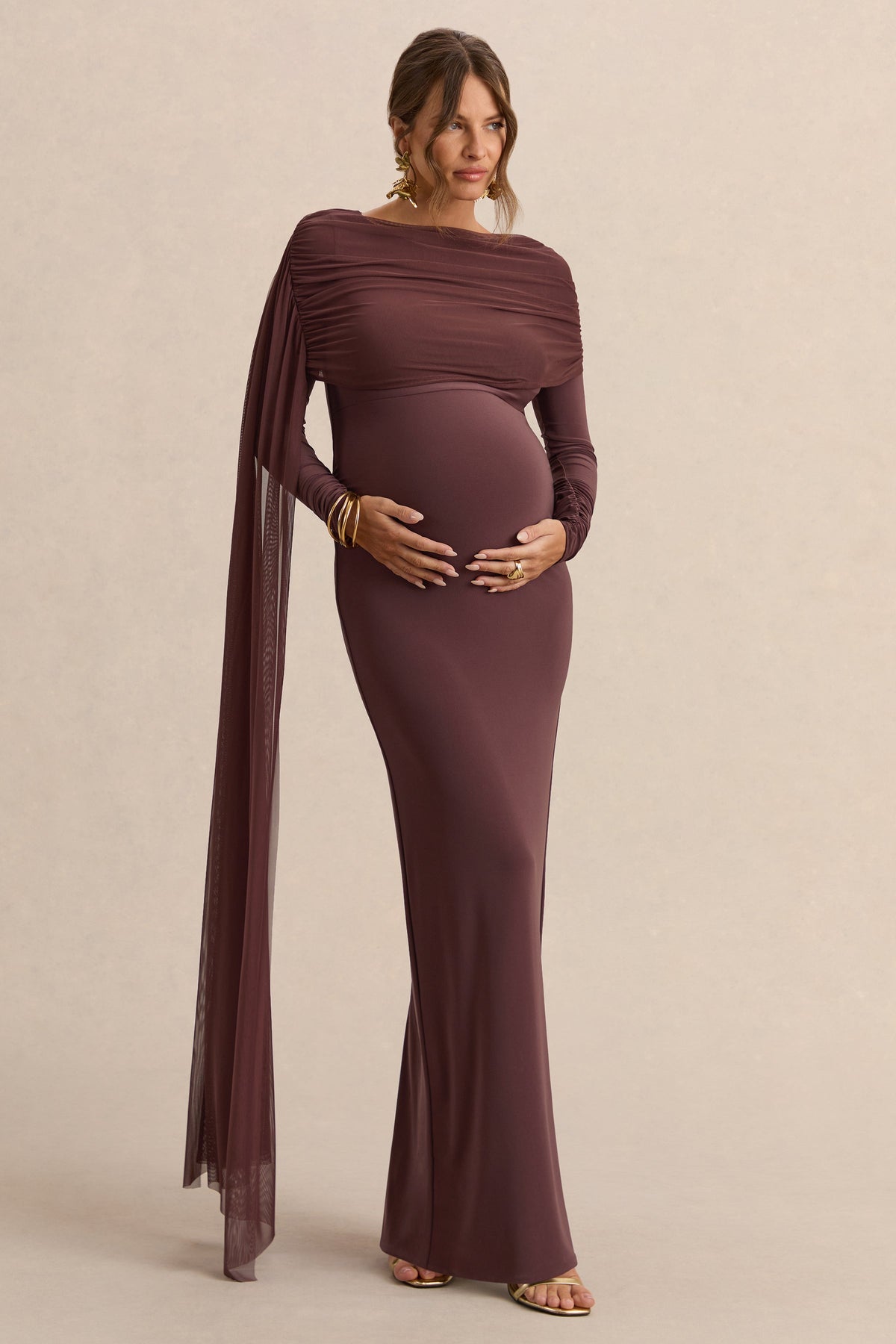 Annelia | Dark Brown High-Neck Maternity Maxi Dress With Sash Detail