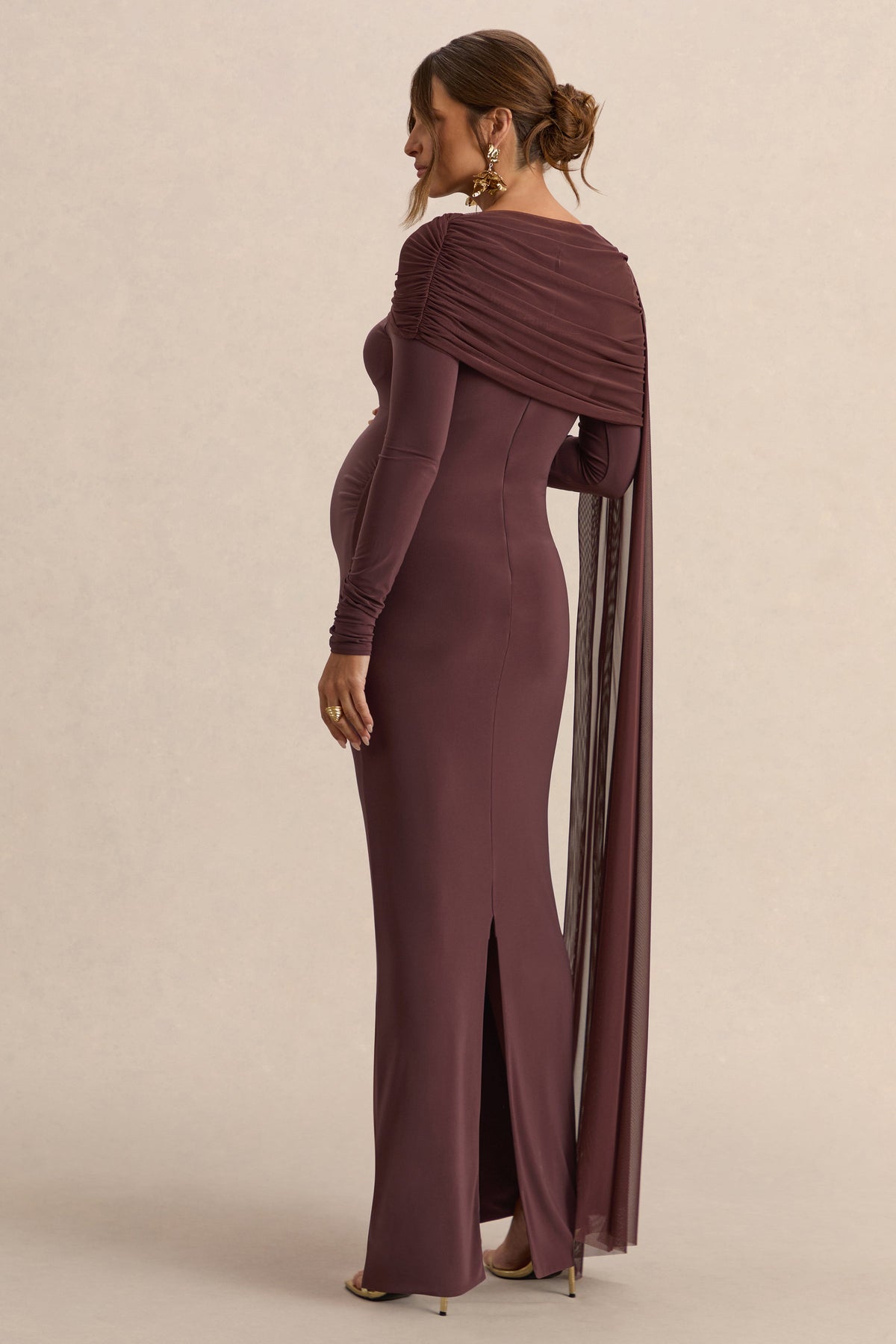 Annelia | Dark Brown High-Neck Maternity Maxi Dress With Sash Detail
