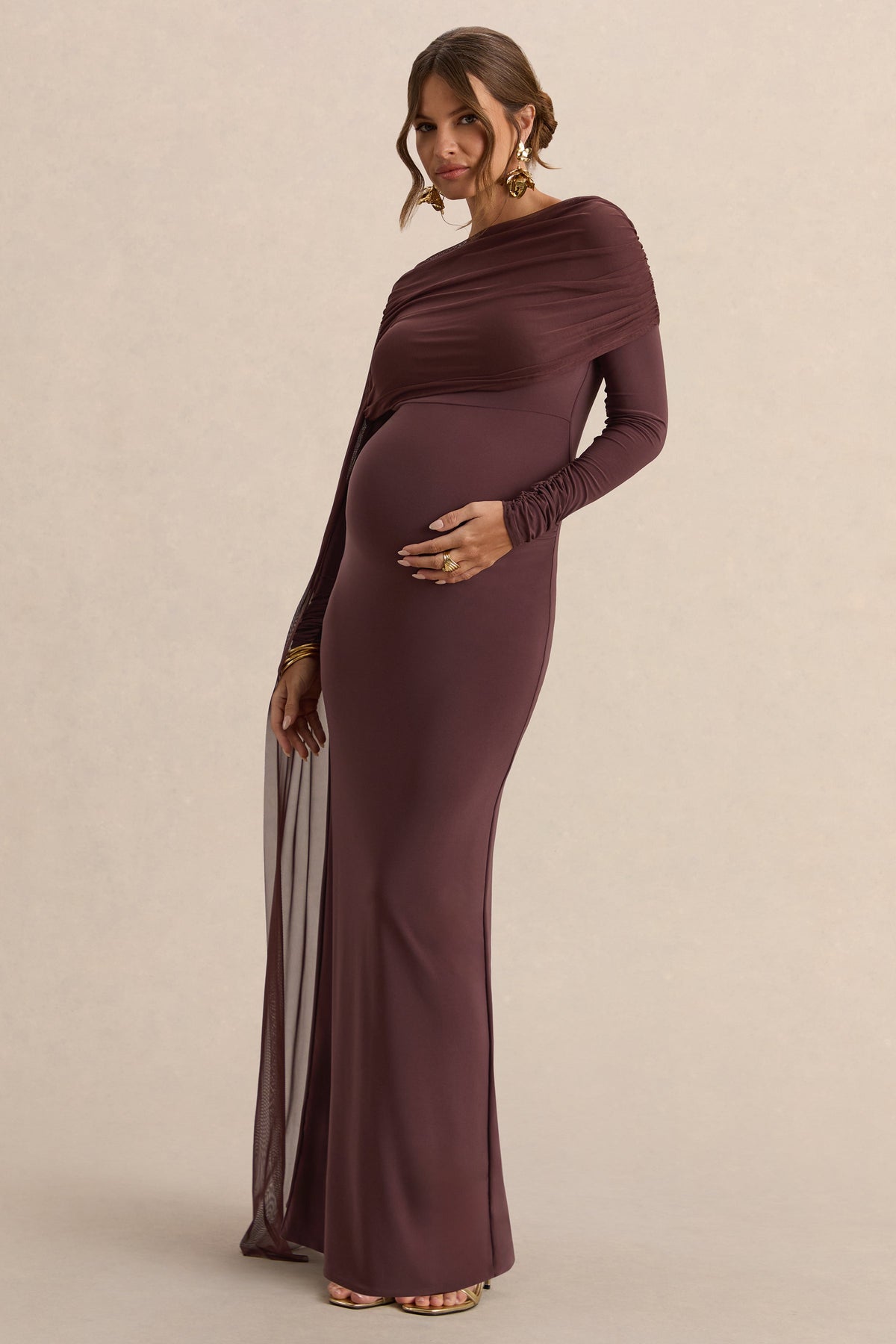Annelia | Dark Brown High-Neck Maternity Maxi Dress With Sash Detail