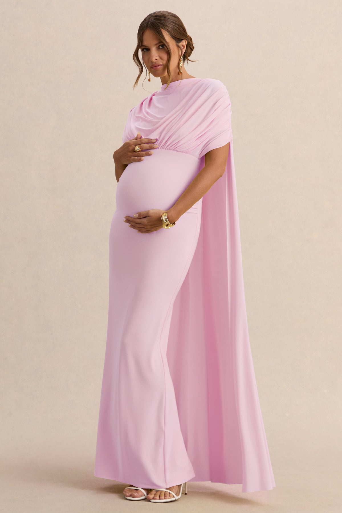 Araminta | Light Pink Bardot-Neck Maternity Maxi Dress With Cape Sleeves