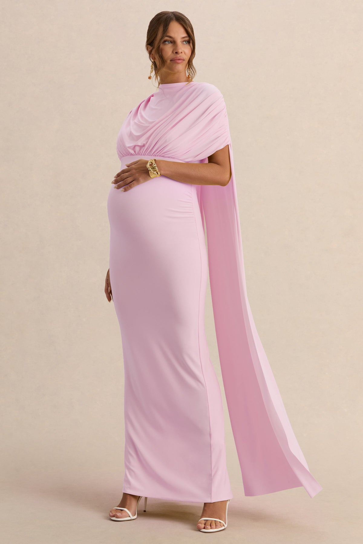 Araminta | Light Pink Bardot-Neck Maternity Maxi Dress With Cape Sleeves