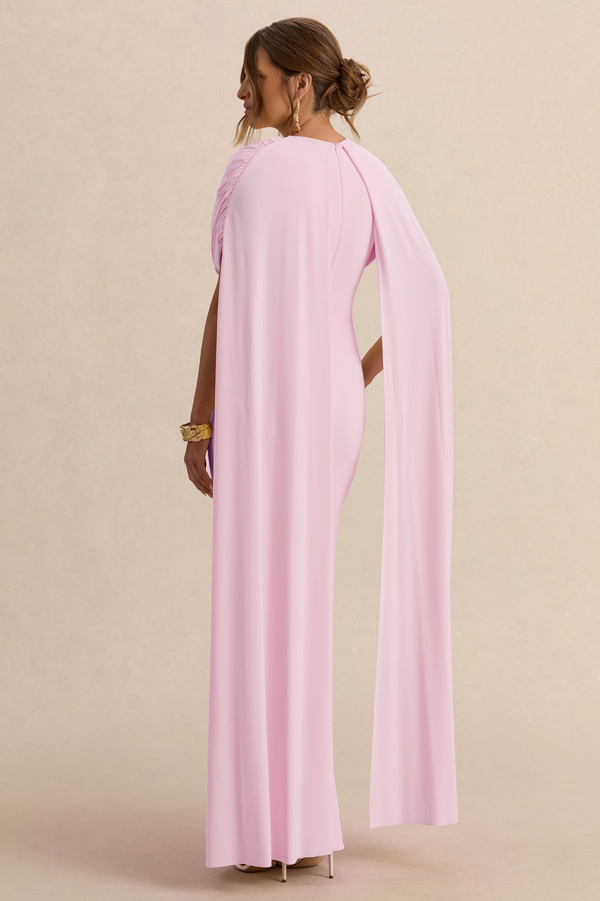 Araminta | Light Pink Bardot-Neck Maternity Maxi Dress With Cape Sleeves