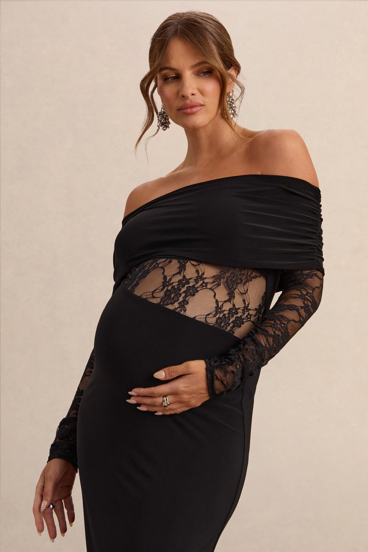 Artemisia | Black Jersey Bardot Long Sleeve Maternity Maxi Dress With Gathered Detailing And Sheer Lace Panel