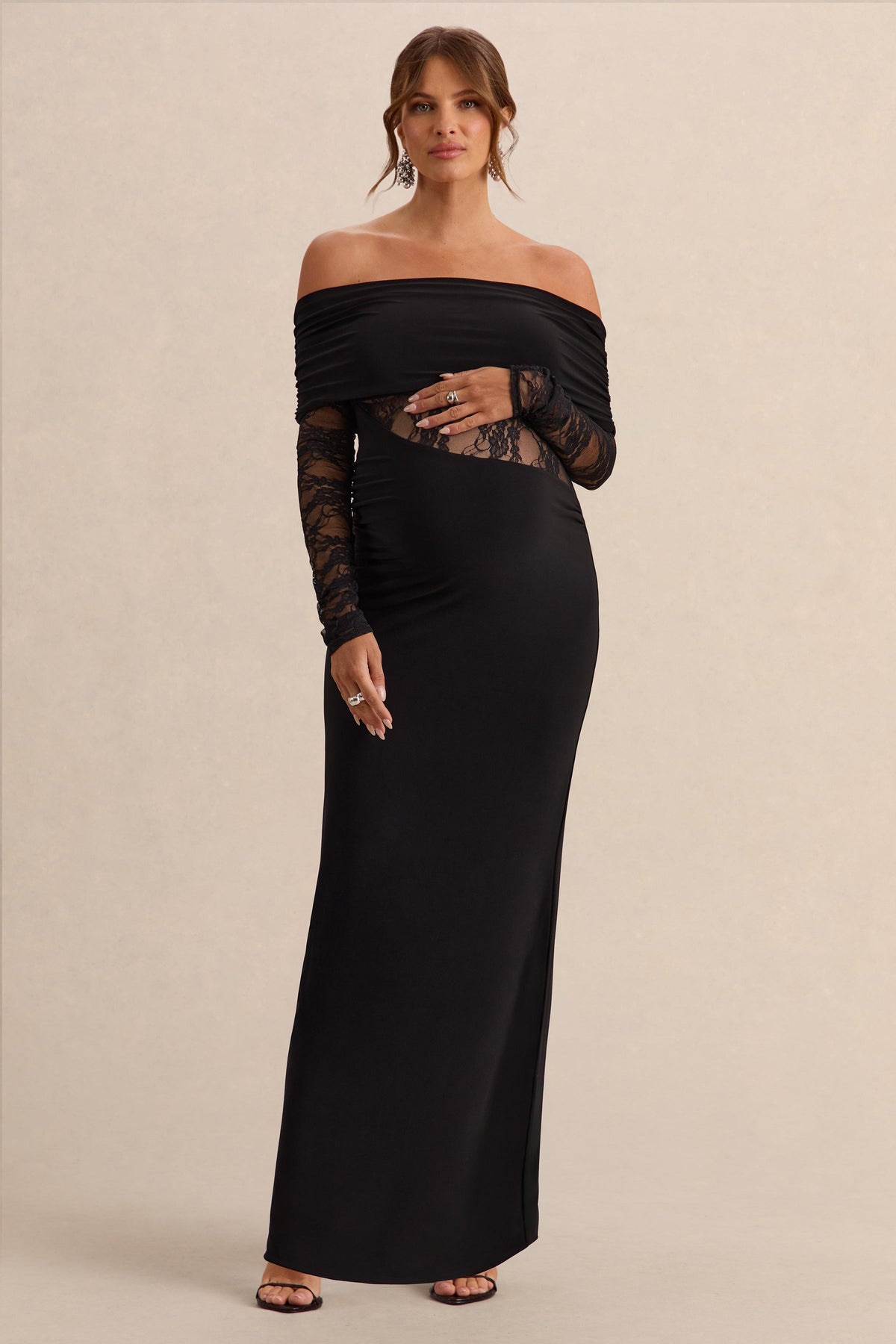 Artemisia | Black Jersey Bardot Long Sleeve Maternity Maxi Dress With Gathered Detailing And Sheer Lace Panel
