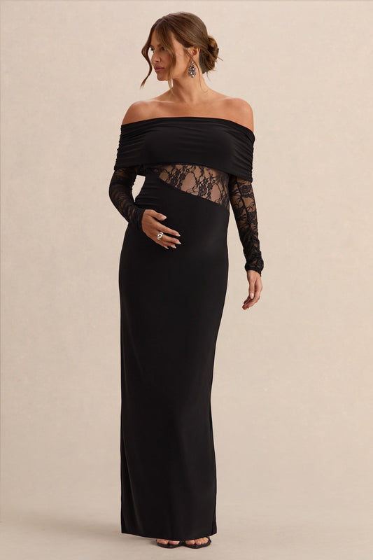 Artemisia | Black Jersey Bardot Long Sleeve Maternity Maxi Dress With Gathered Detailing And Sheer Lace Panel