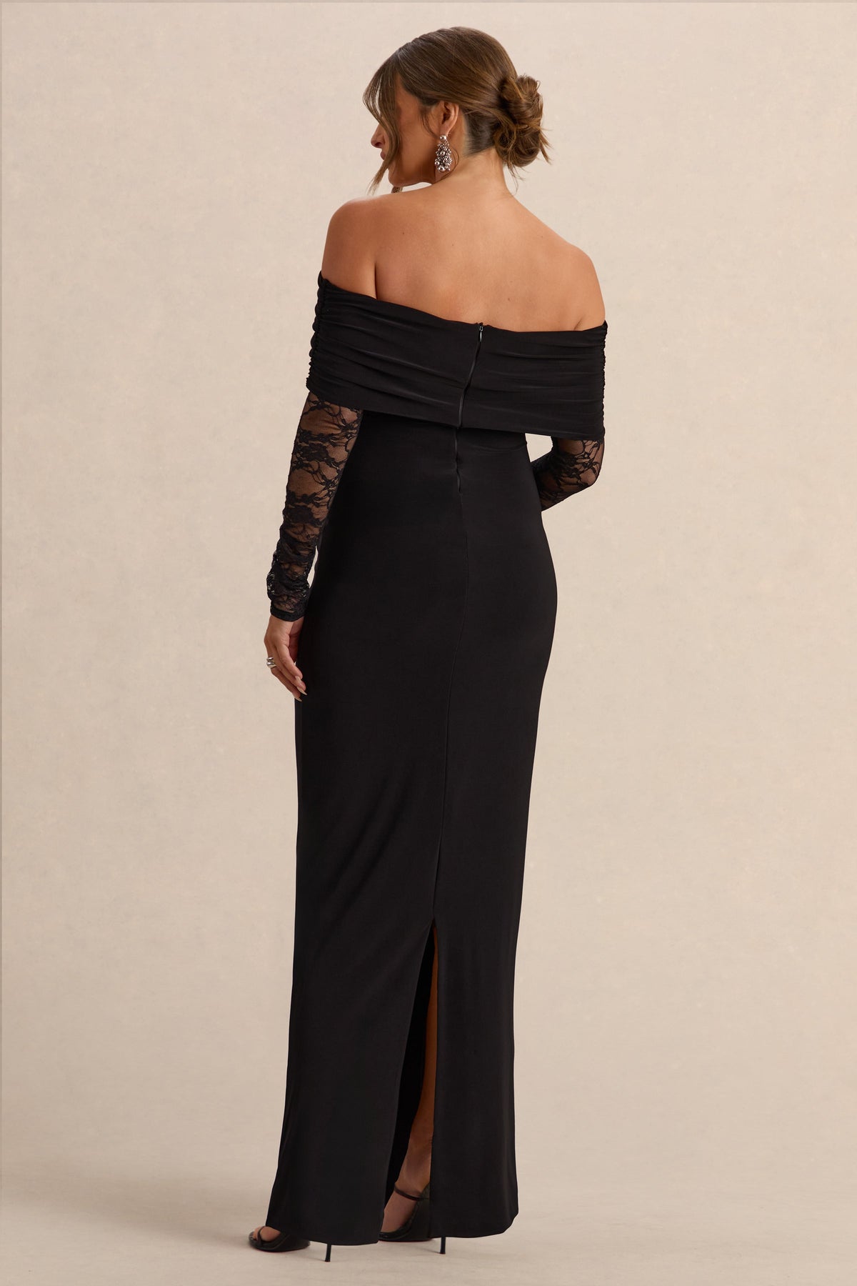Artemisia | Black Jersey Bardot Long Sleeve Maternity Maxi Dress With Gathered Detailing And Sheer Lace Panel