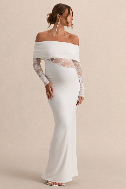 Artemisia | White Jersey Bardot Long Sleeve Maternity Maxi Dress With Gathered Detailing And Sheer Lace Panel