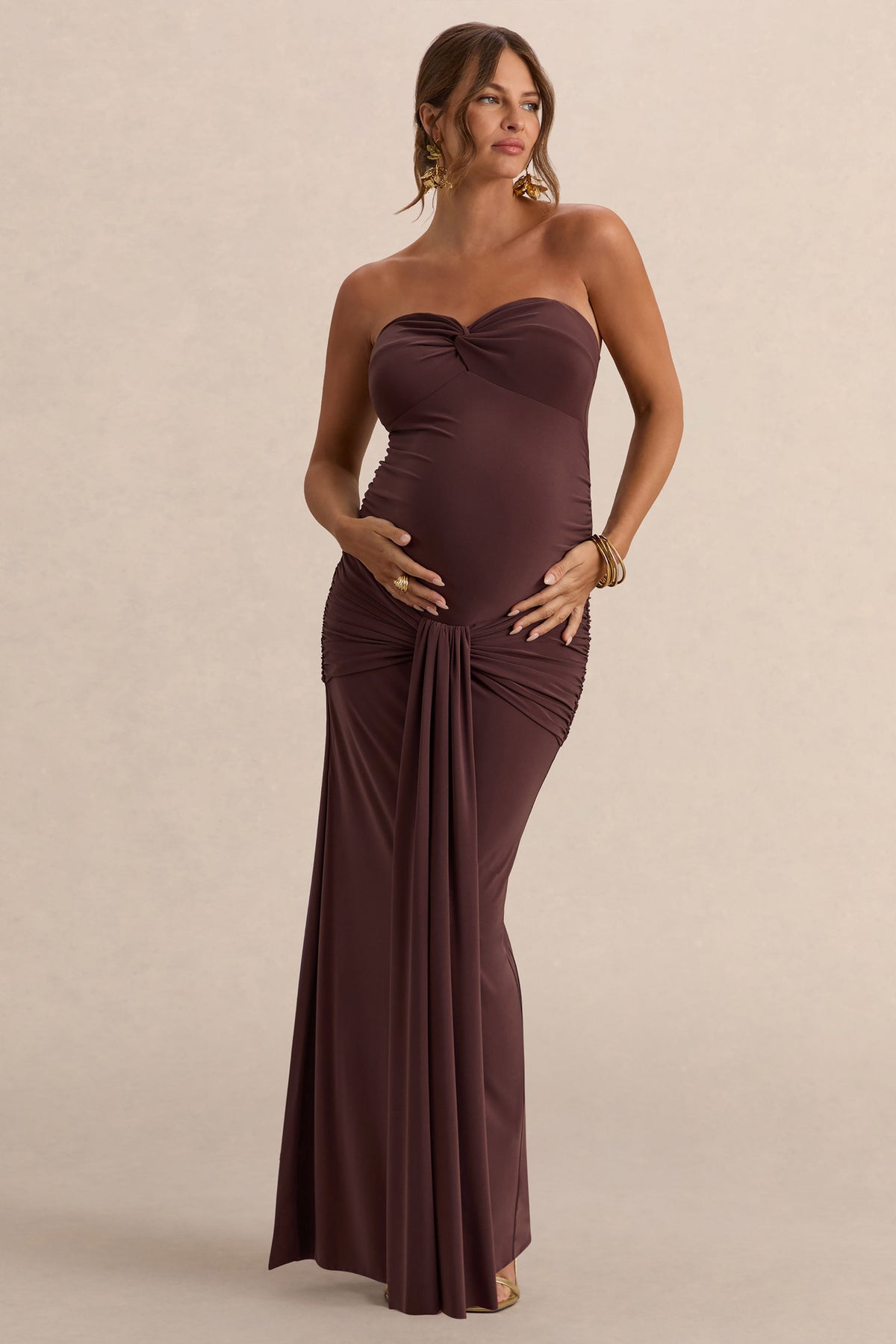 Faustina | Dark Brown Bandeau-Neck Maternity Maxi Dress With Scarf Detail And Gathered Detailing