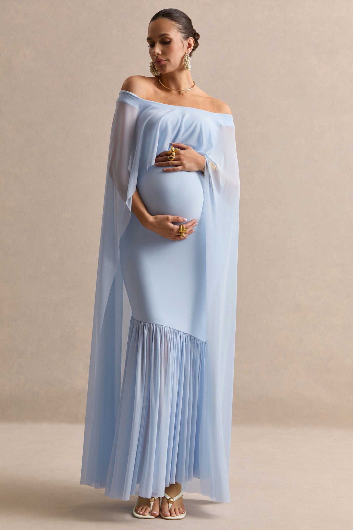 Bluma | Light Blue Bardot-Neck Maternity Maxi Dress With Sheer Skirt And Cape Detail