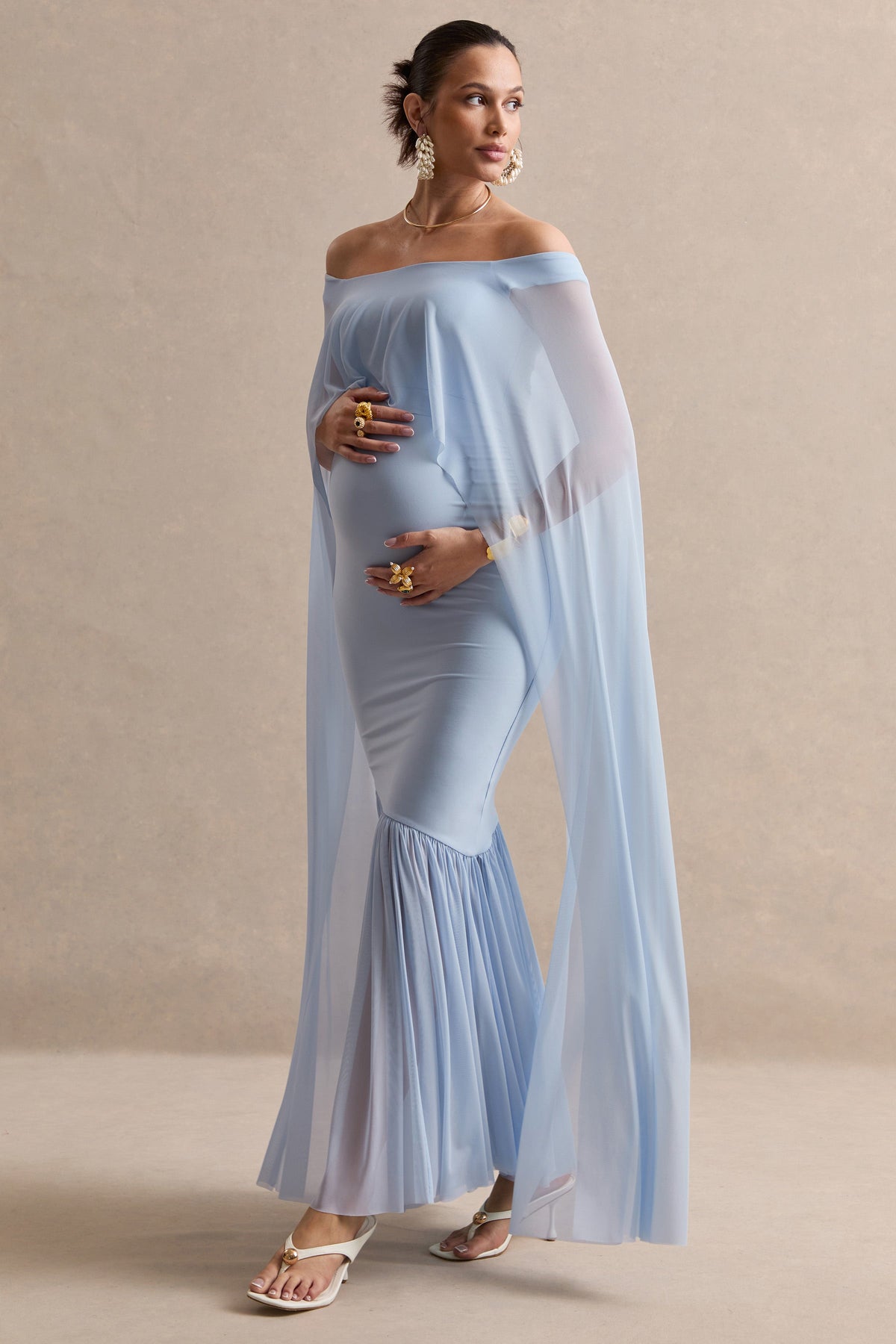 Bluma | Light Blue Bardot-Neck Maternity Maxi Dress With Sheer Skirt And Cape Detail