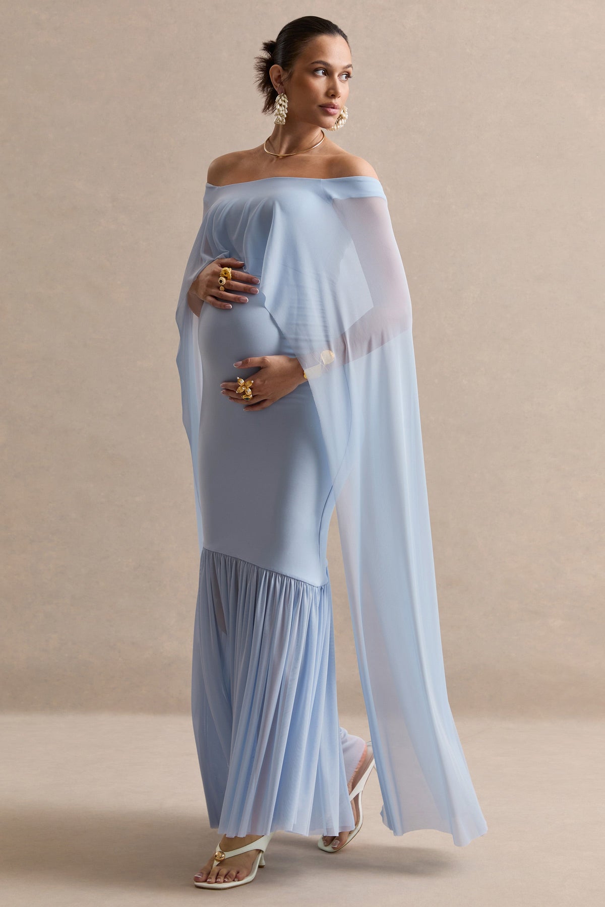 Bluma | Light Blue Bardot-Neck Maternity Maxi Dress With Sheer Skirt And Cape Detail