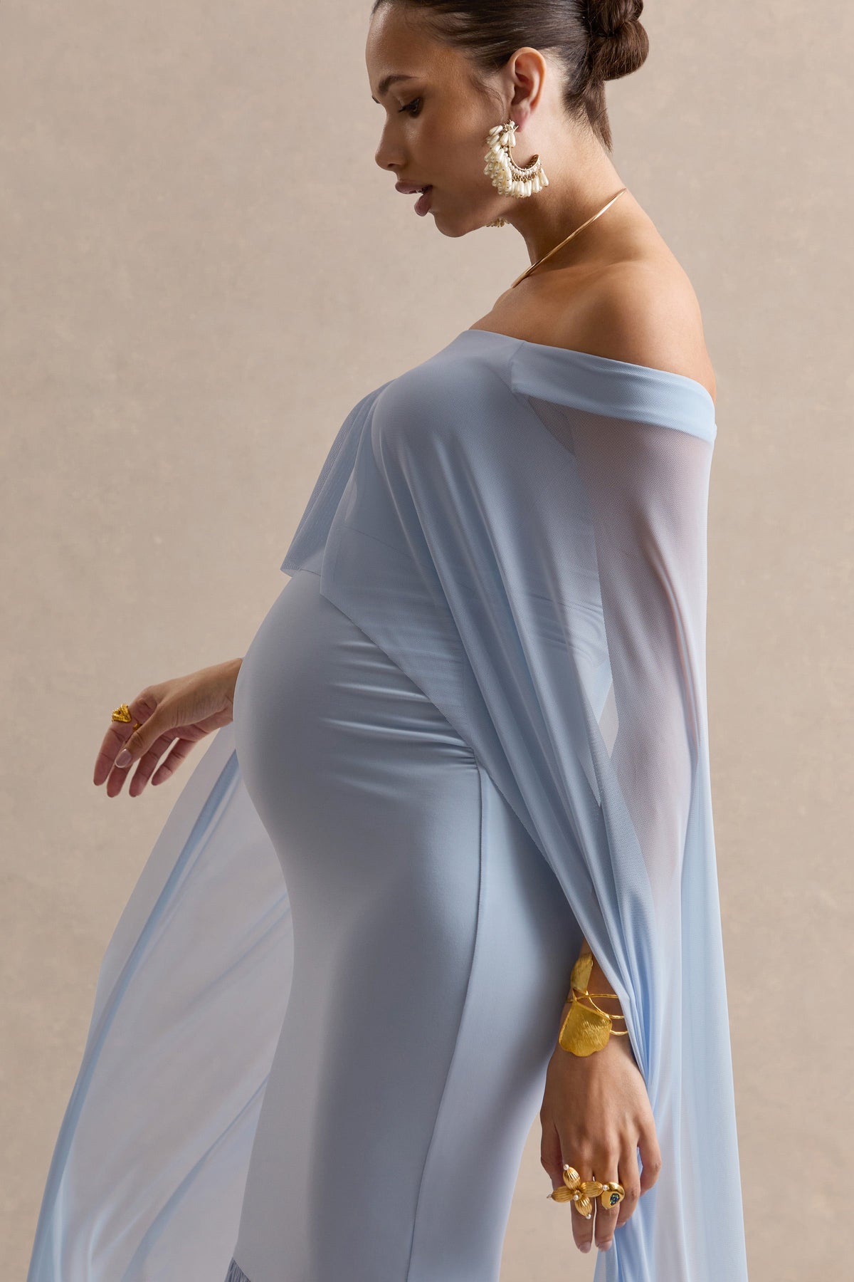 Bluma | Light Blue Bardot-Neck Maternity Maxi Dress With Sheer Skirt And Cape Detail
