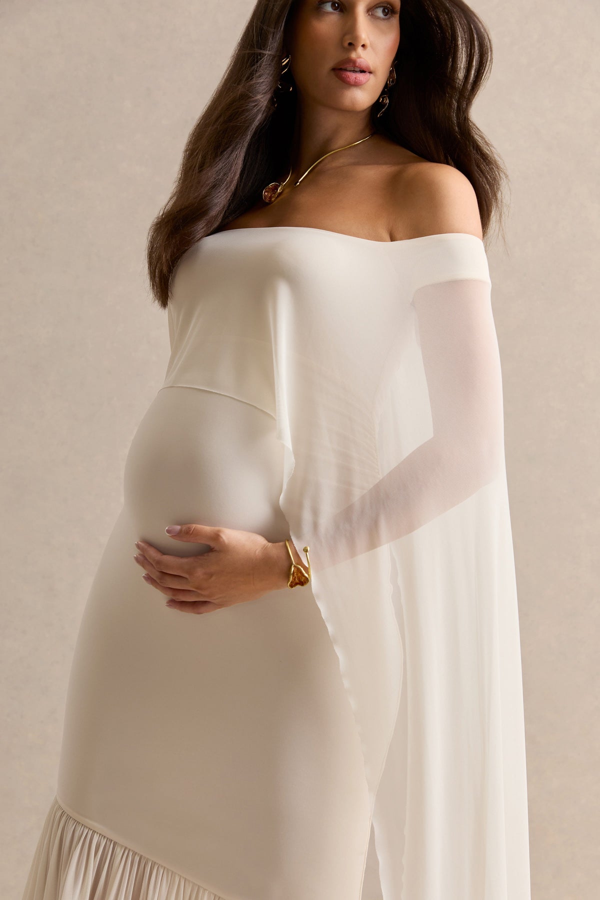 Bluma | Cream Bardot-Neck Maternity Maxi Dress With Sheer Skirt And Cape Detail