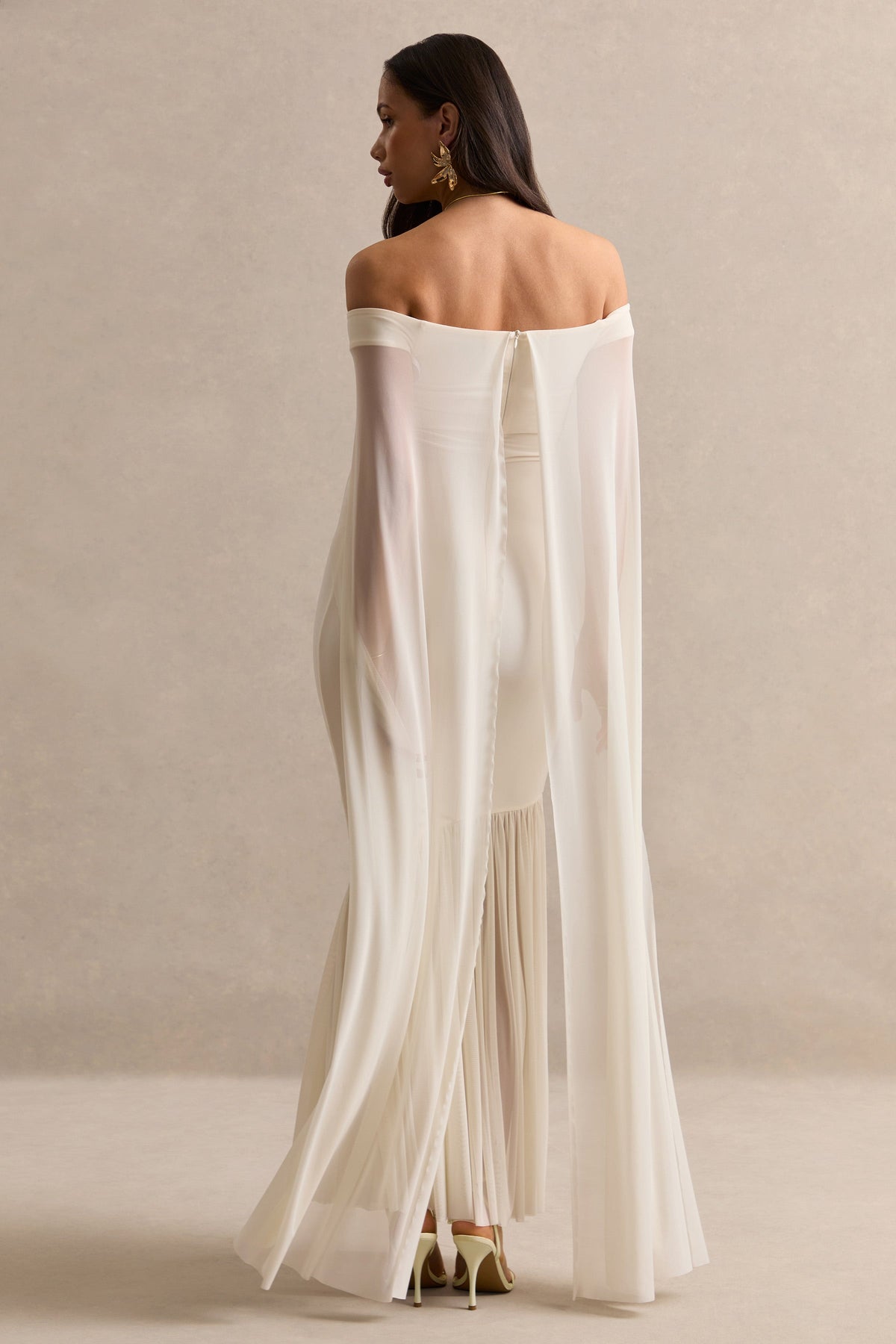 Bluma | Cream Bardot-Neck Maternity Maxi Dress With Sheer Skirt And Cape Detail