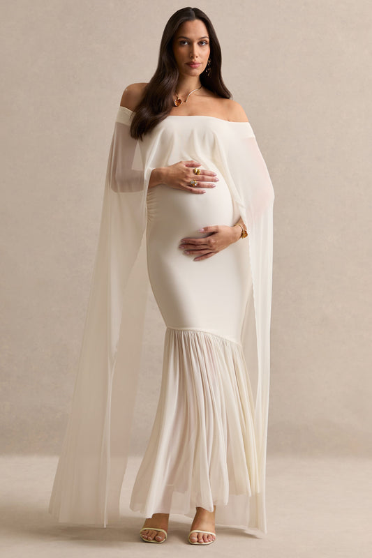 Bluma | Cream Bardot-Neck Maternity Maxi Dress With Sheer Skirt And Cape Detail