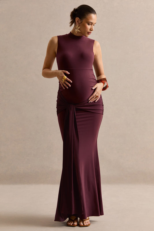 Ralina | Dark Brown Jersey High Neck Maternity Maxi Dress With Gathered Detailing And Sash