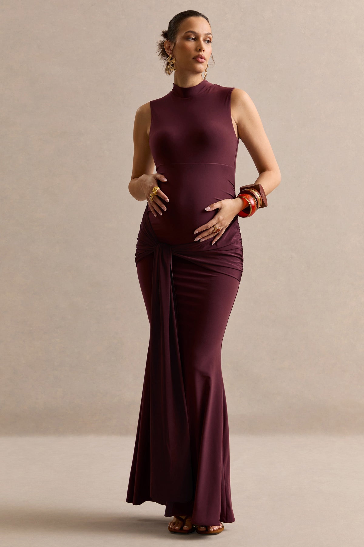 Ralina | Dark Brown Jersey High Neck Maternity Maxi Dress With Gathered Detailing And Sash
