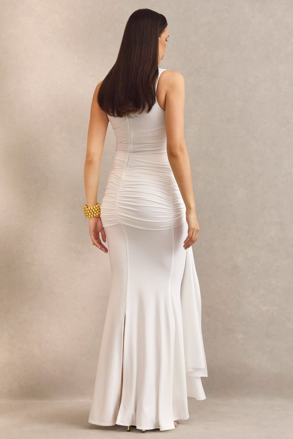 Ralina | White Jersey High Neck Maternity Maxi Dress With Gathered Detailing And Sash