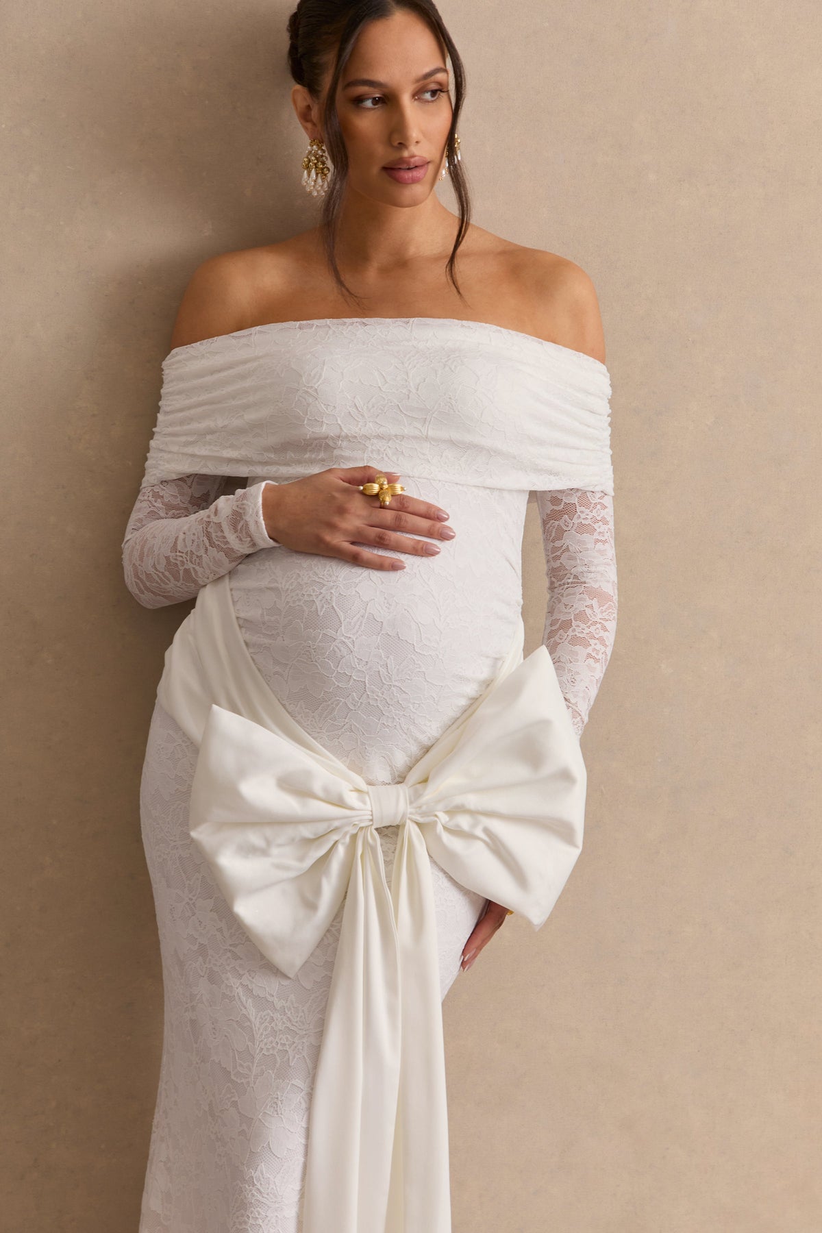 Solina | White Lace Bardot-Neck Maternity Maxi Dress With Bow Detail