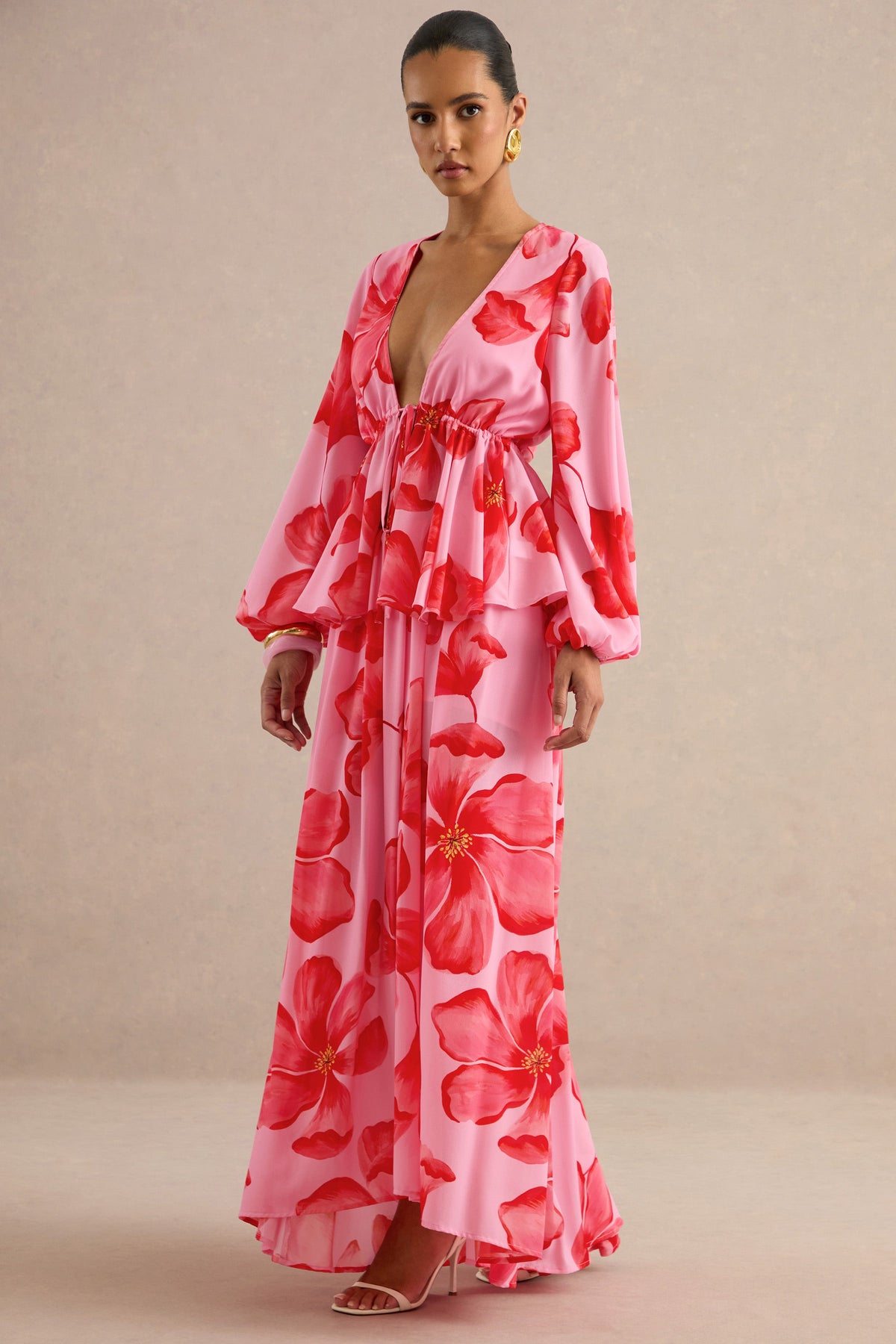 Asella | Pink Chiffon Plunge-Neck Front-Tied Top