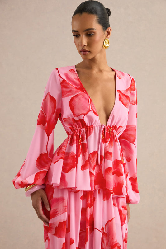 Asella | Pink Chiffon Plunge-Neck Front-Tied Top
