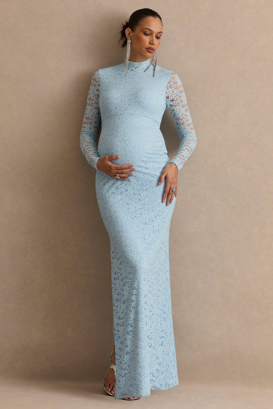 Cerysa | Light Blue Lace High-Neck Maternity Maxi Dress
