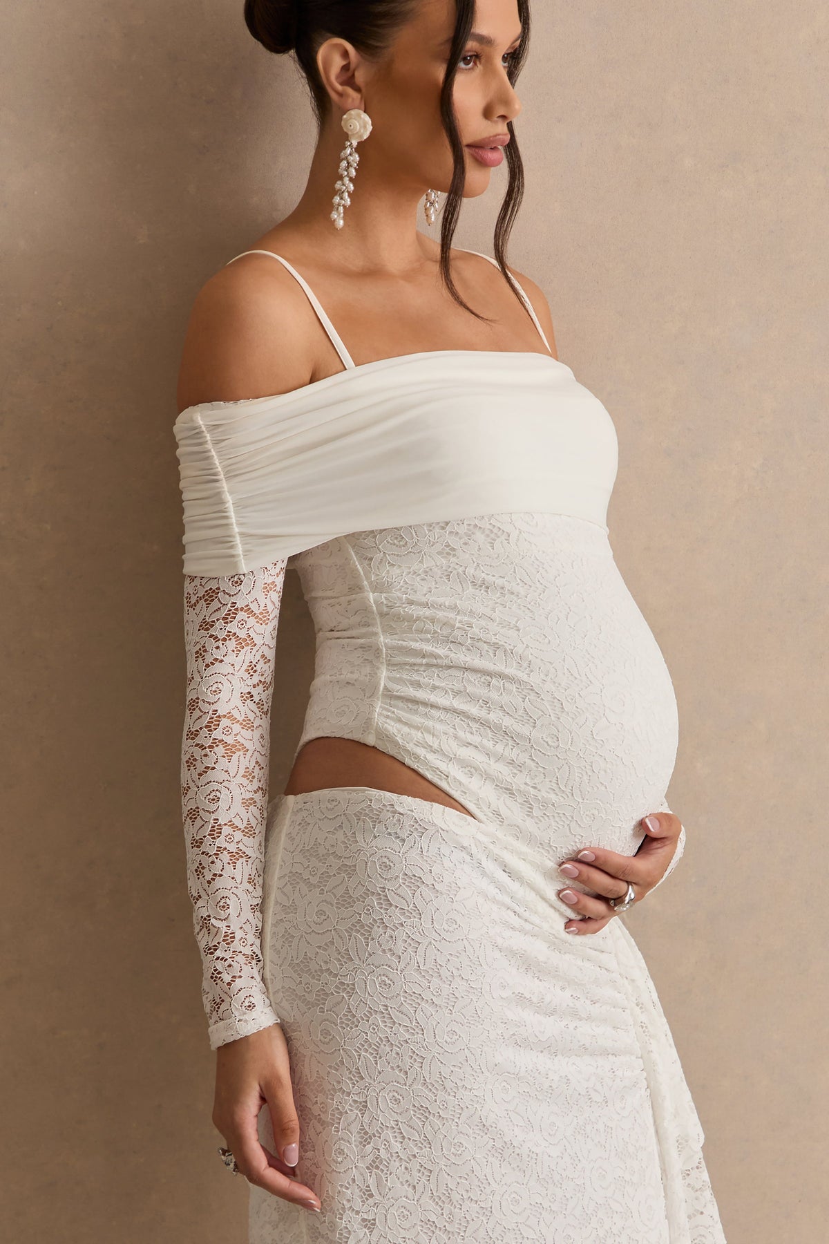 Delmara | Cream Lace Bardot-Neck Maternity Bodysuit