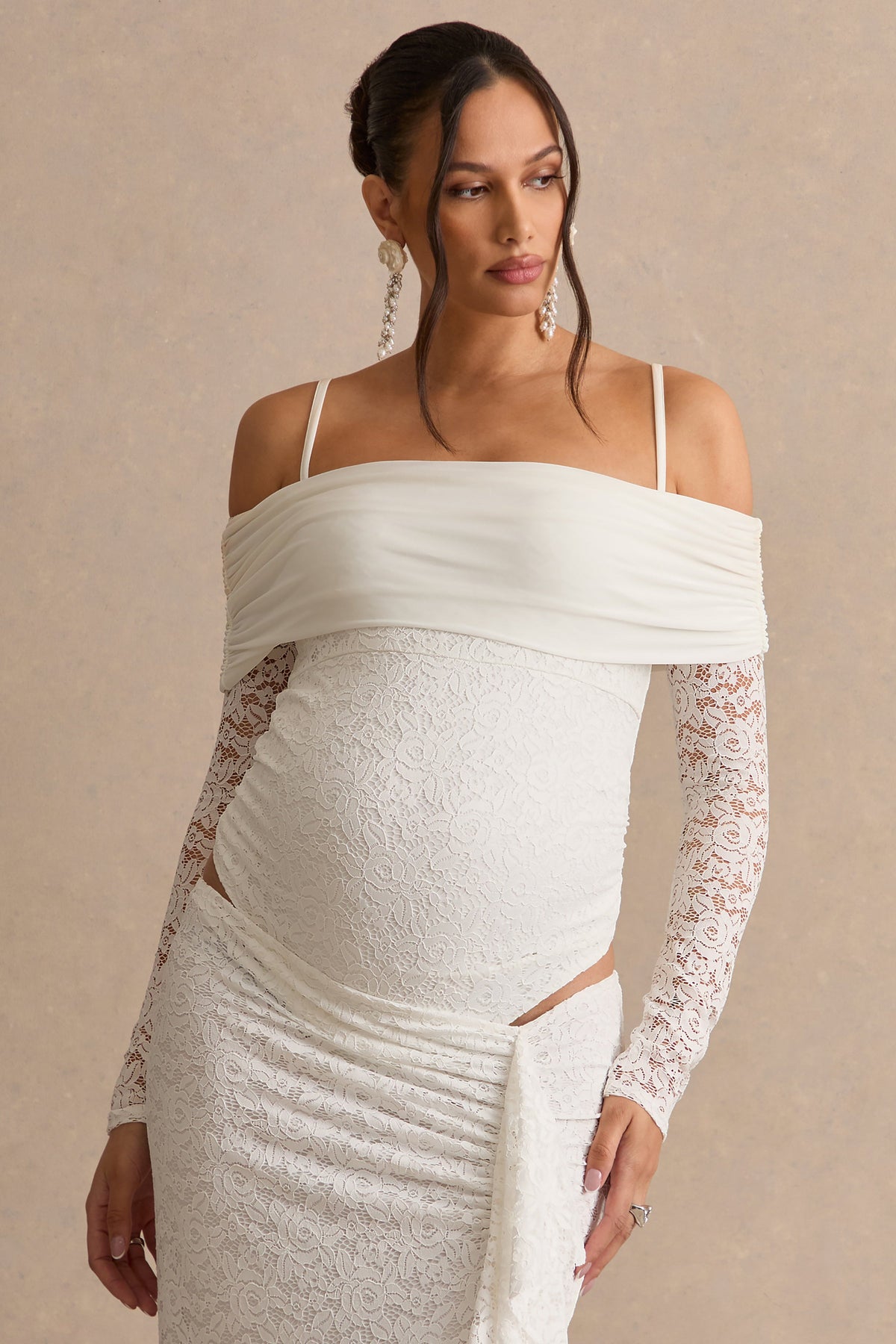 Delmara | Cream Lace Bardot-Neck Maternity Bodysuit