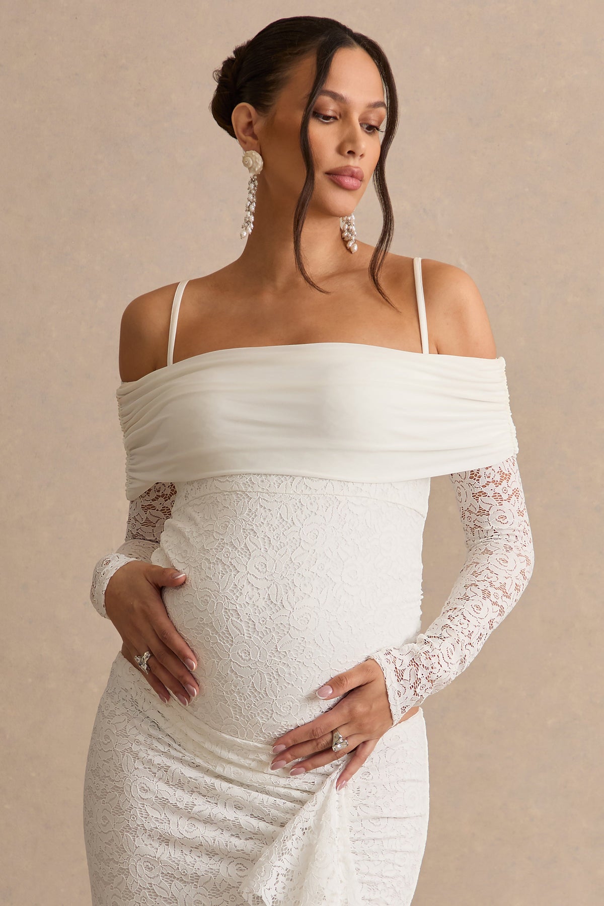 Delmara | Cream Lace Bardot-Neck Maternity Bodysuit