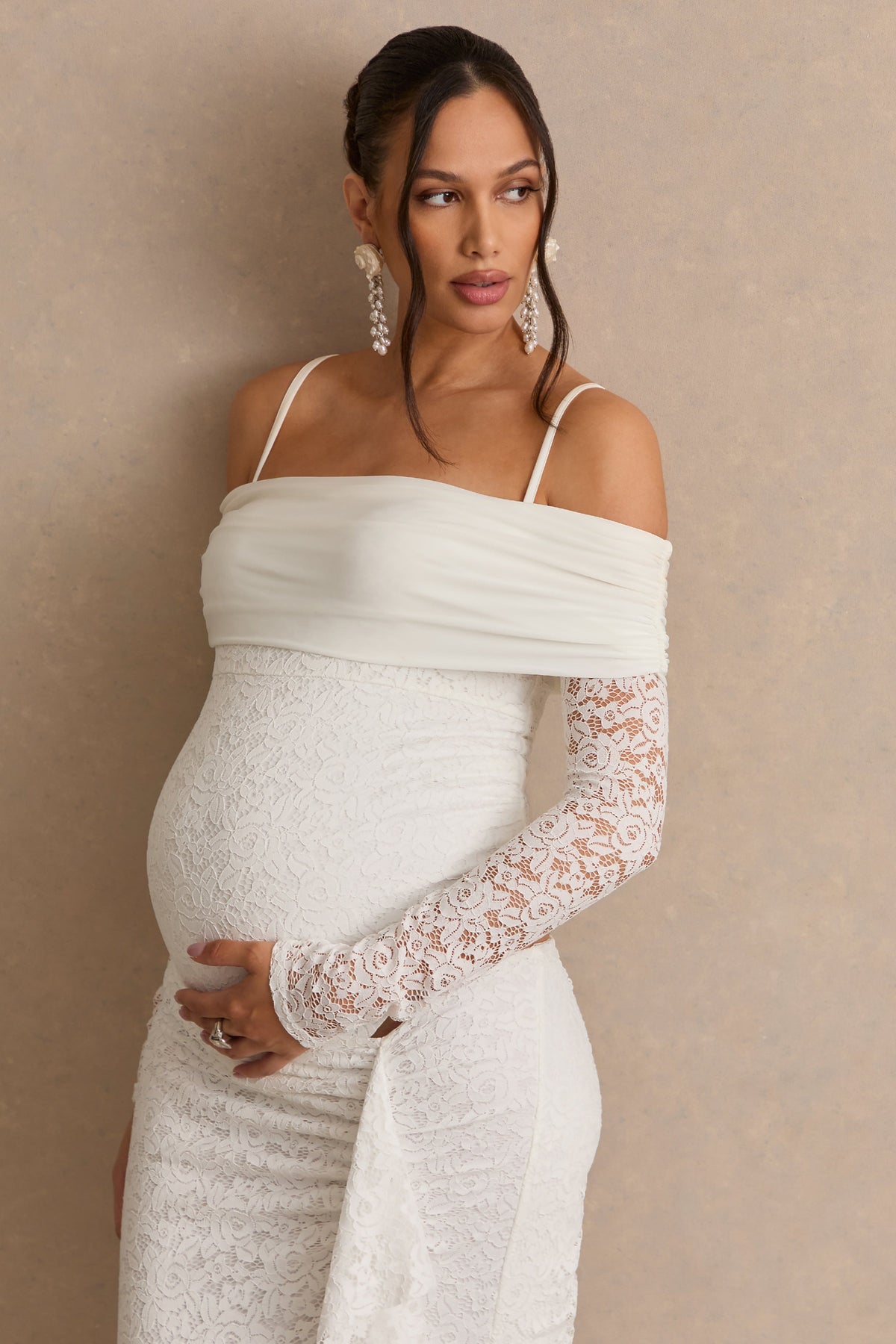 Delmara | Cream Lace Bardot-Neck Maternity Bodysuit