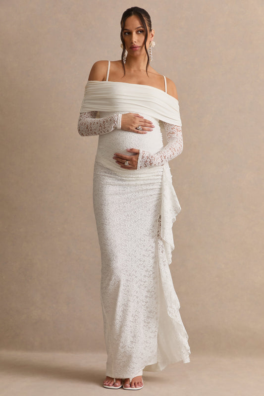 Delmara | Cream Lace Maternity Maxi Skirt With Gathered Detailing